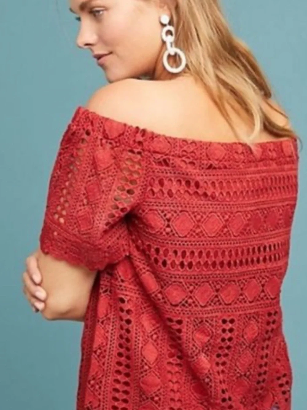 Sunday in Brooklyn Anthro Evie Off Shoulder Crochet Lace Dark Rust Top - Picture 3 of 10